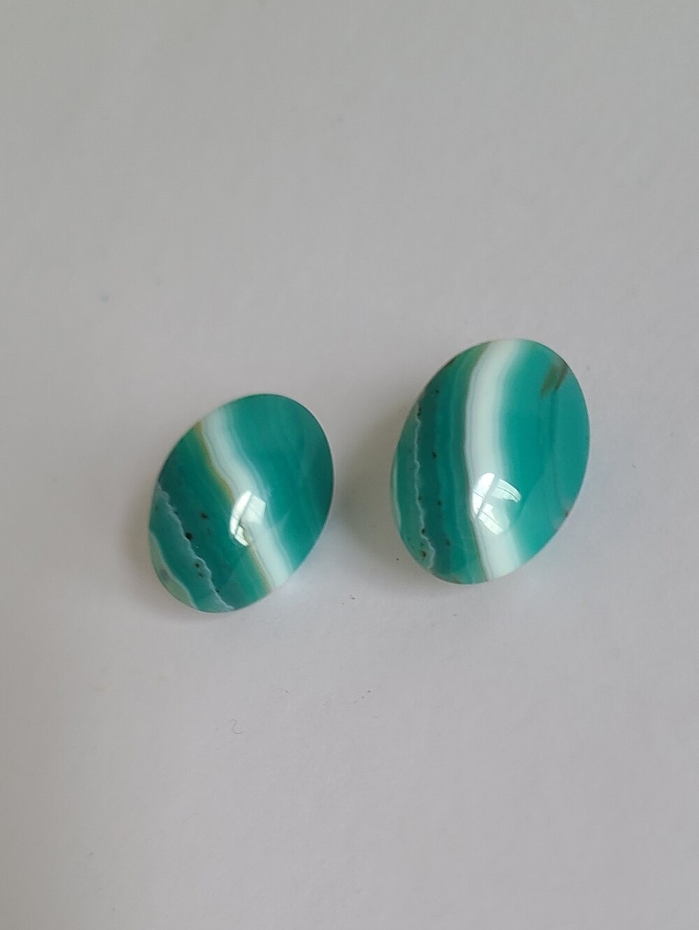 Vintage Boho Green White Striped Onyx Agate Glossy Oval Chunky Stud Earrings